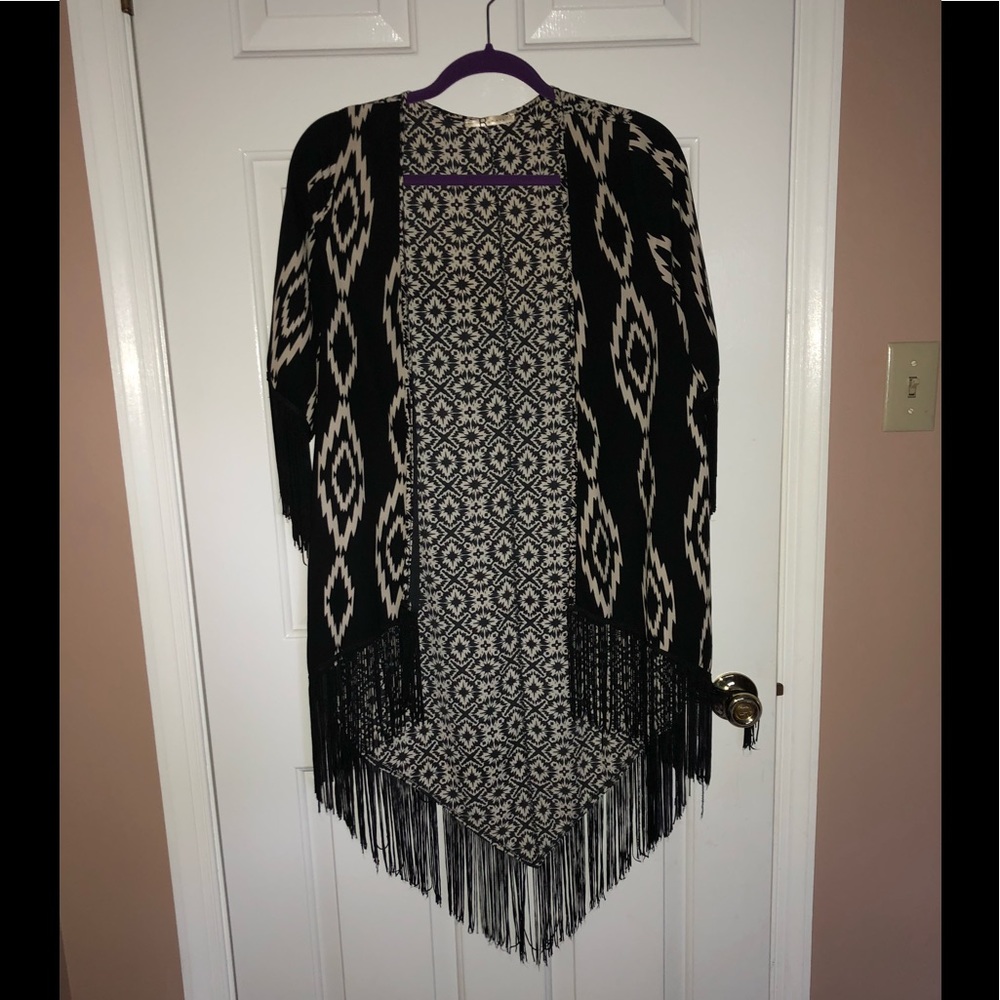 Black Fringe Kimono with cream Ikat print